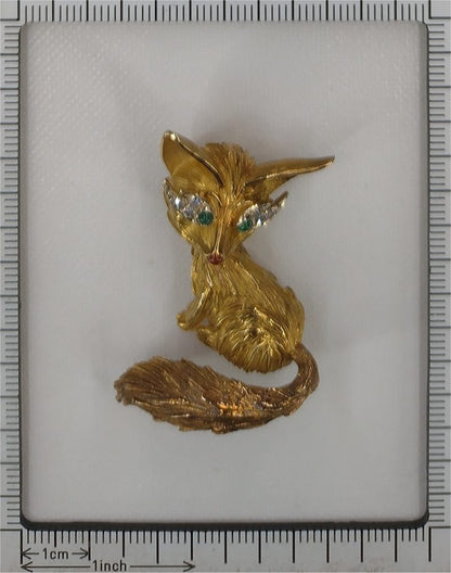 Vintage French 1950s Gem Set 18ct Yellow Gold Fox Brooch