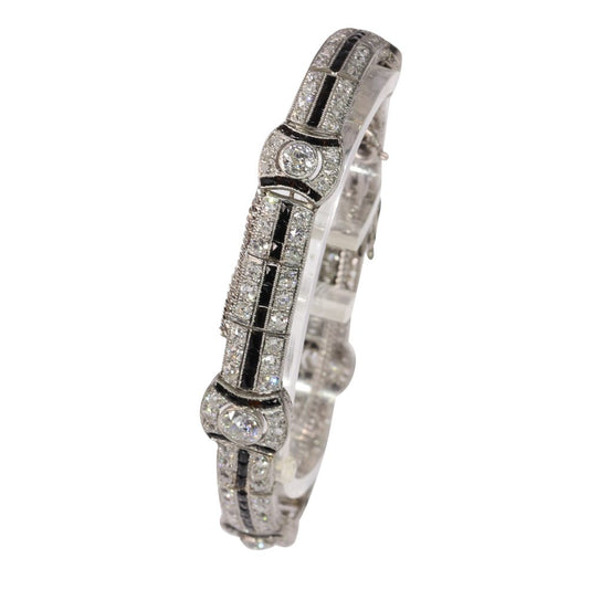 Art Deco Old Cut Diamond And Onyx Bracelet In Platinum