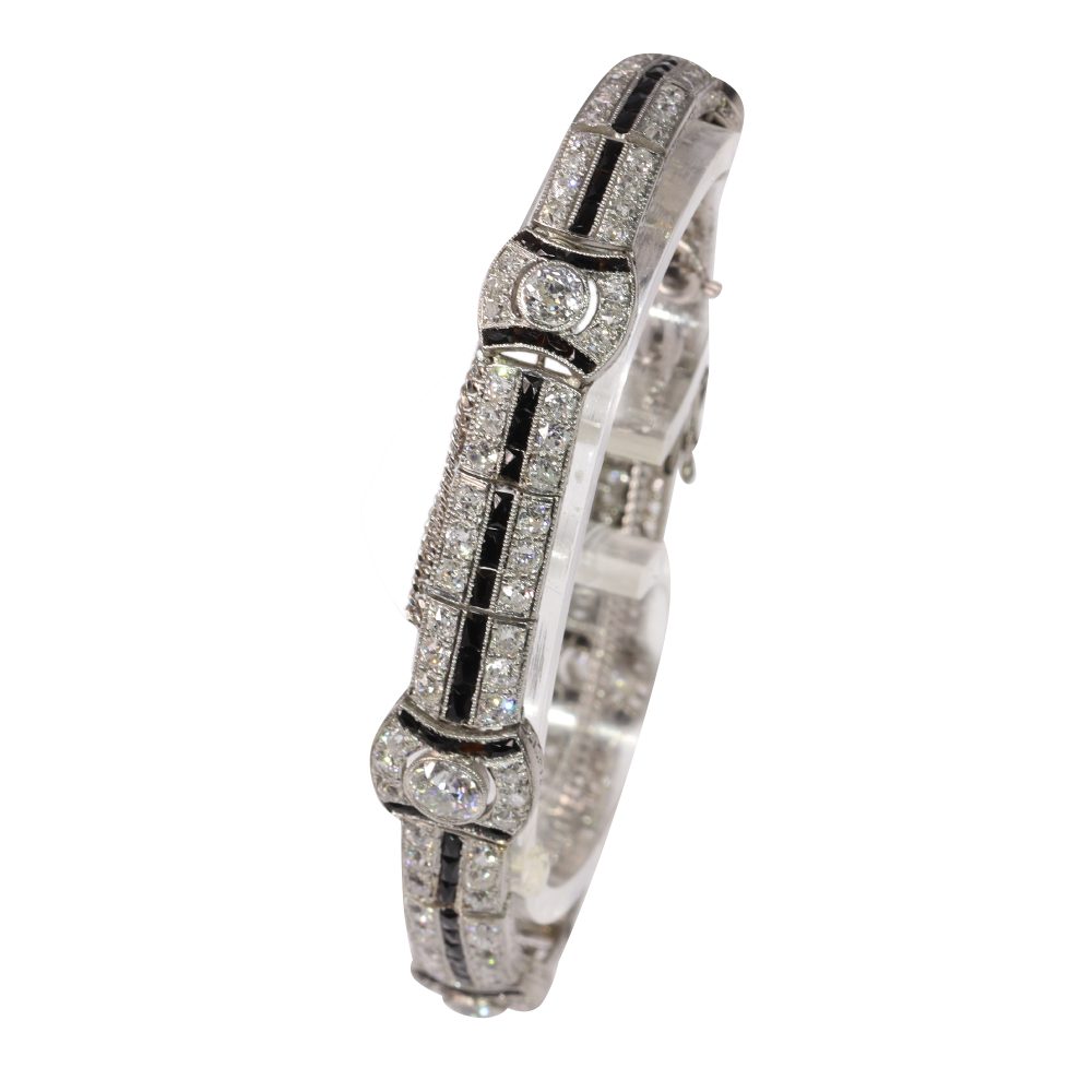 Art Deco Old Cut Diamond And Onyx Bracelet In Platinum