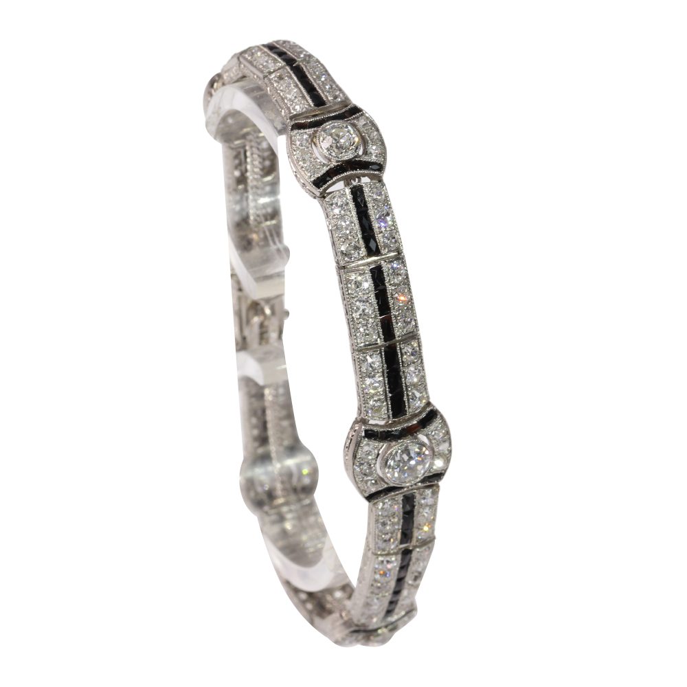 Art Deco Old Cut Diamond And Onyx Bracelet In Platinum