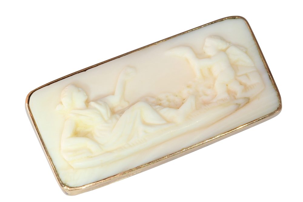 Victorian Antique Angel Skin Coral Cameo Brooch of Venus and Cupid