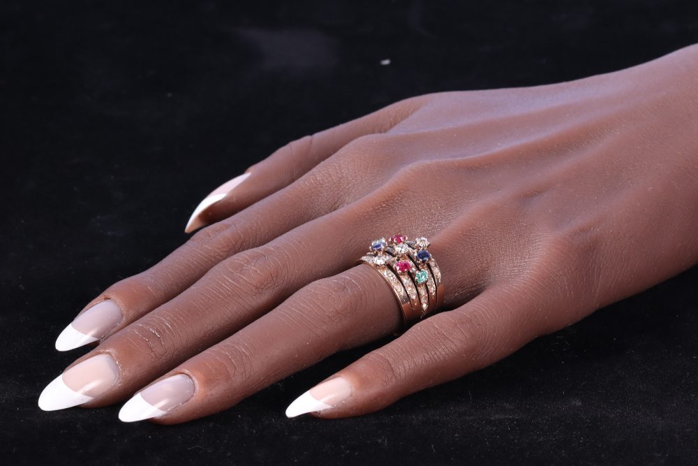 Antique Victorian Tutti Frutti Multi Gemstone and Diamond Wide Multi Band Ring