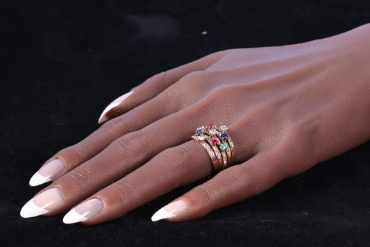 Antique Victorian Tutti Frutti Multi Gemstone and Diamond Wide Multi Band Ring