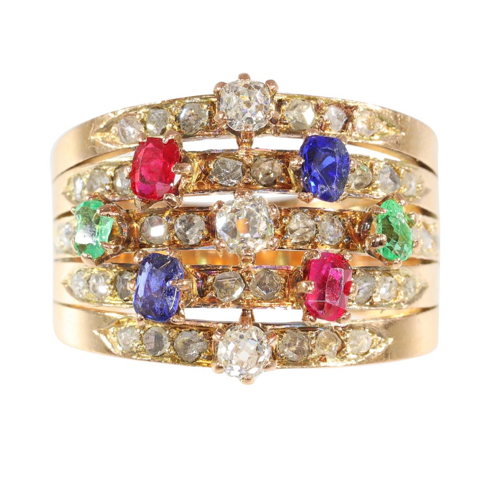 Antique Victorian Tutti Frutti Multi Gemstone and Diamond Wide Multi Band Ring