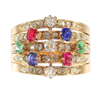 Antique Victorian Tutti Frutti Multi Gemstone and Diamond Wide Multi Band Ring