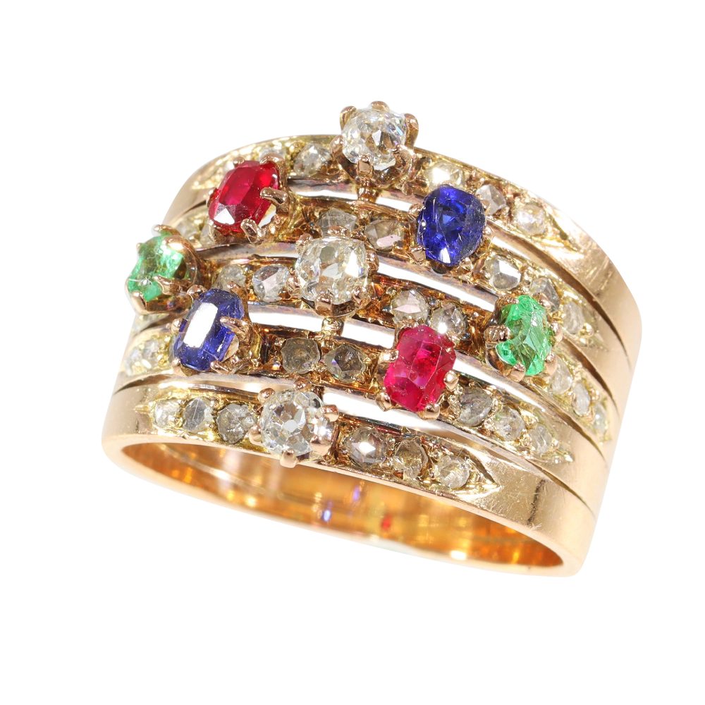 Antique Victorian Tutti Frutti Multi Gemstone and Diamond Dress Ring, unique tutti frutti ring