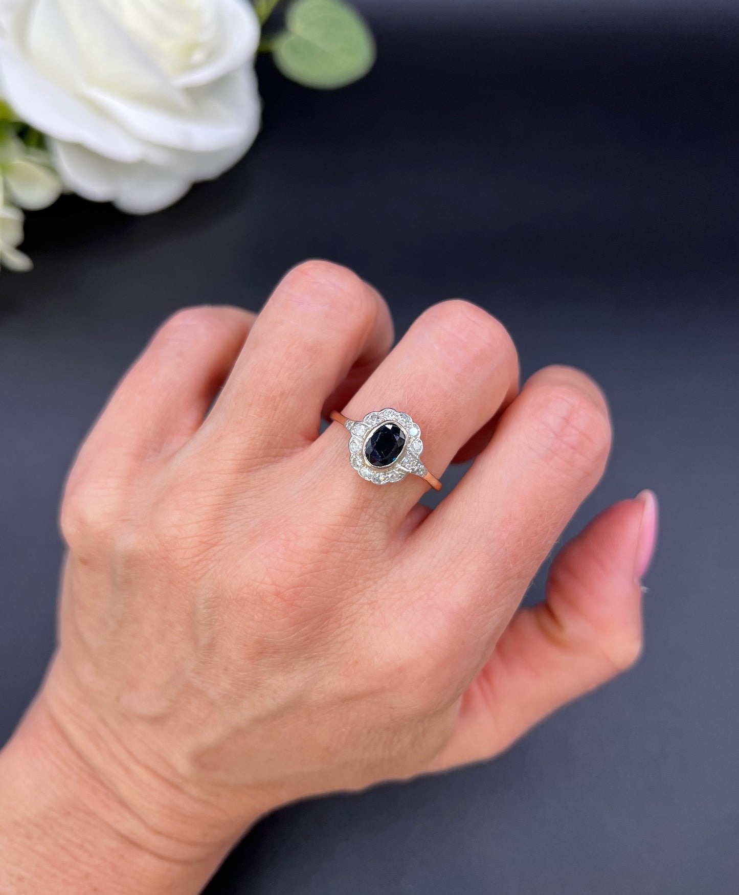 Antique 18ct Gold & Platinum, 1920s Sapphire and Diamond Oval Cluster Ring