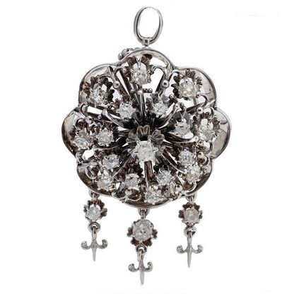 Vintage 3.1ct Old Cut Diamond Flower Cluster Pendant Brooch