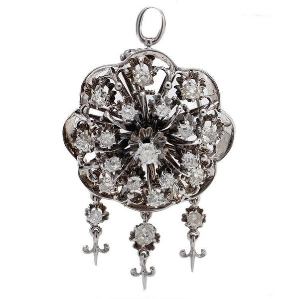 Vintage 3.1ct Old Cut Diamond Flower Cluster Pendant Brooch