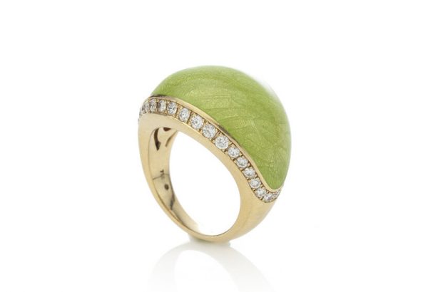 Fabergé Green Enamel, Diamond, 18ct Gold Limited Edition Ring; central domed panel applied with green enamel with a delicate leaf design, edged by 1.60cts brilliant-cut diamonds. Limited Edition Number 13/300. Made in 1990s to early 2000s