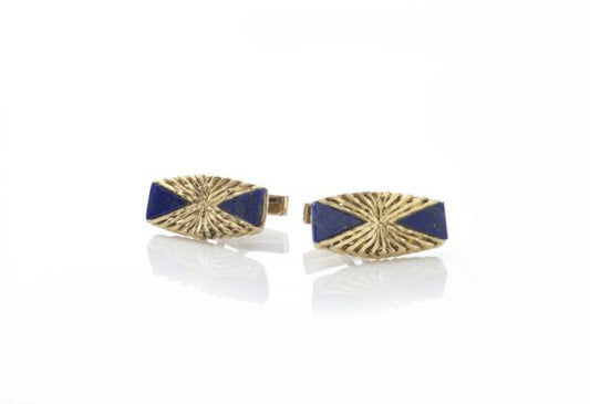 Kutchinsky Vintage Lapis Lazuli and 18ct Yellow Gold Cufflinks; wirework effect design accented with triangular lapis lazuli, in original box