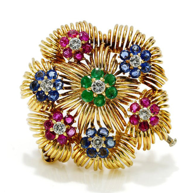 Vintage Tutti Frutti 18ct Yellow Gold Flower Brooch