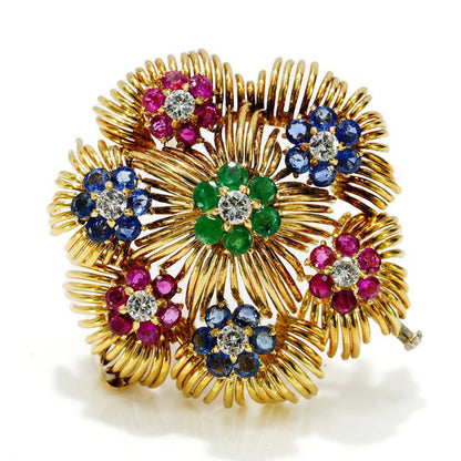 Vintage Tutti Frutti 18ct Yellow Gold Flower Brooch