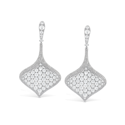 Rose Cut Diamond Leaf Petal Drop Earrings; designed as three-dimensional leaves or petals, set with 7.84 carats of round rose cut diamonds surrounded by 908 brilliant full cut diamonds, in 18ct white gold