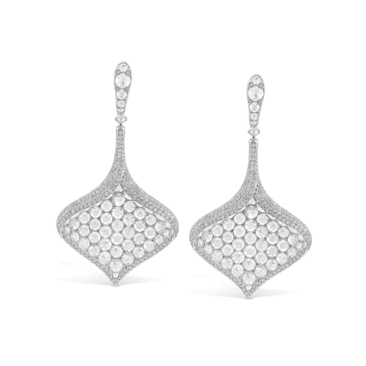 Rose Cut Diamond Leaf Petal Drop Earrings; designed as three-dimensional leaves or petals, set with 7.84 carats of round rose cut diamonds surrounded by 908 brilliant full cut diamonds, in 18ct white gold
