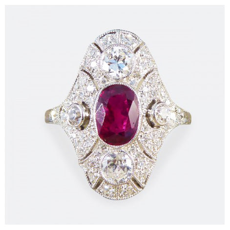 Art Deco Style Ruby and Diamond Navette Plaque Ring, 1.50cts, Platinum