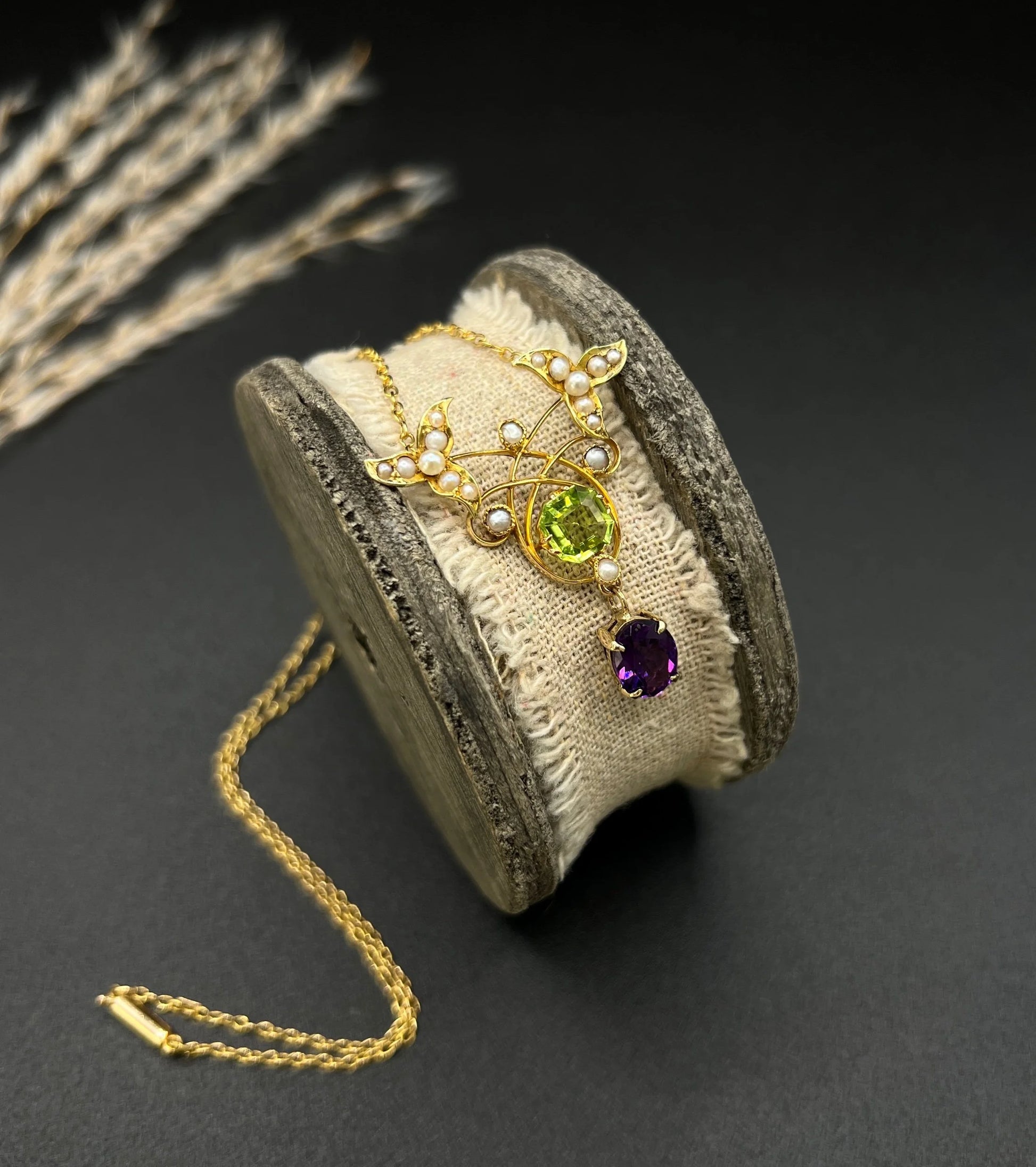 Antique 9 ct Gold Edwardian Suffragette Pendant Necklace With Amethyst, Peridot And Seed Pearls