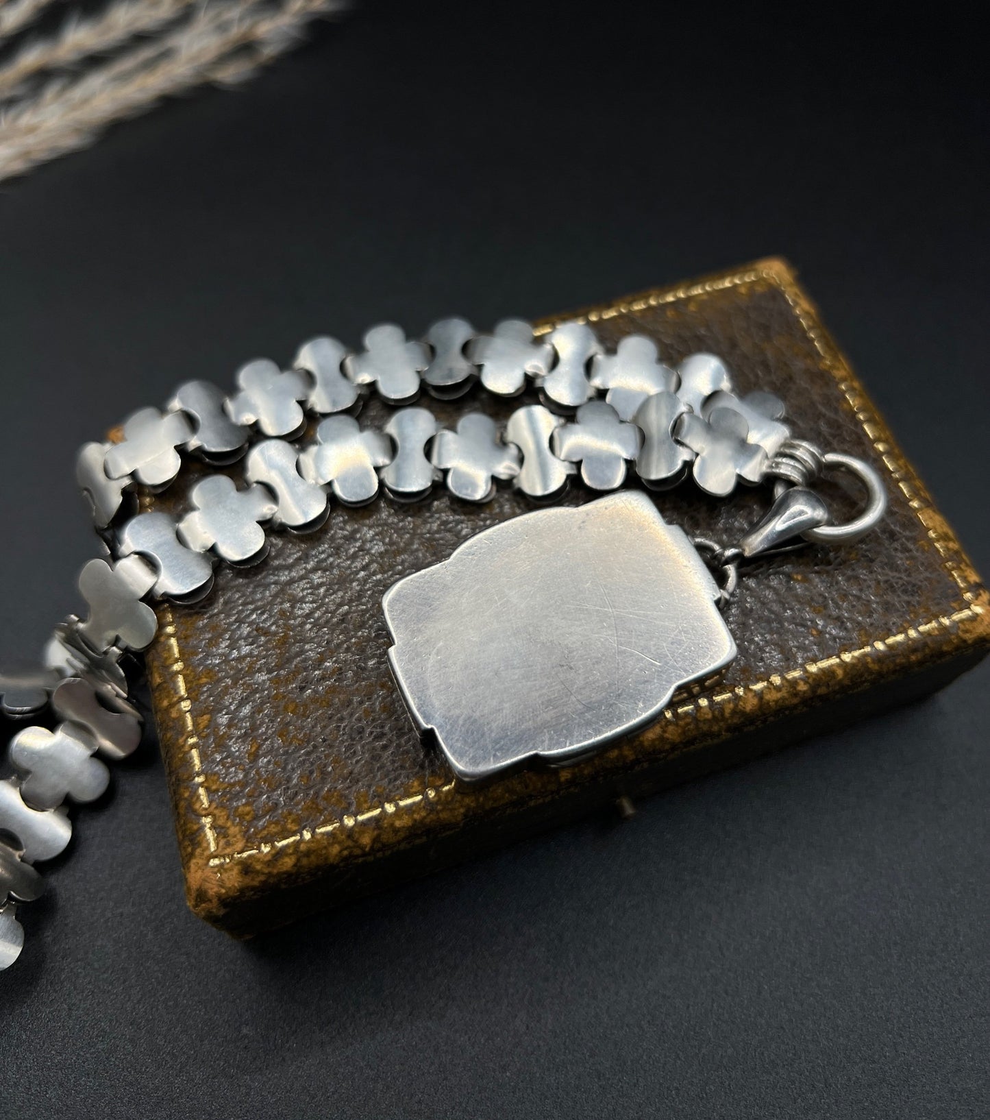 Victorian Sterling Silver Book Chain Necklace with Silver and Gold Inlaid Butterfly Locket