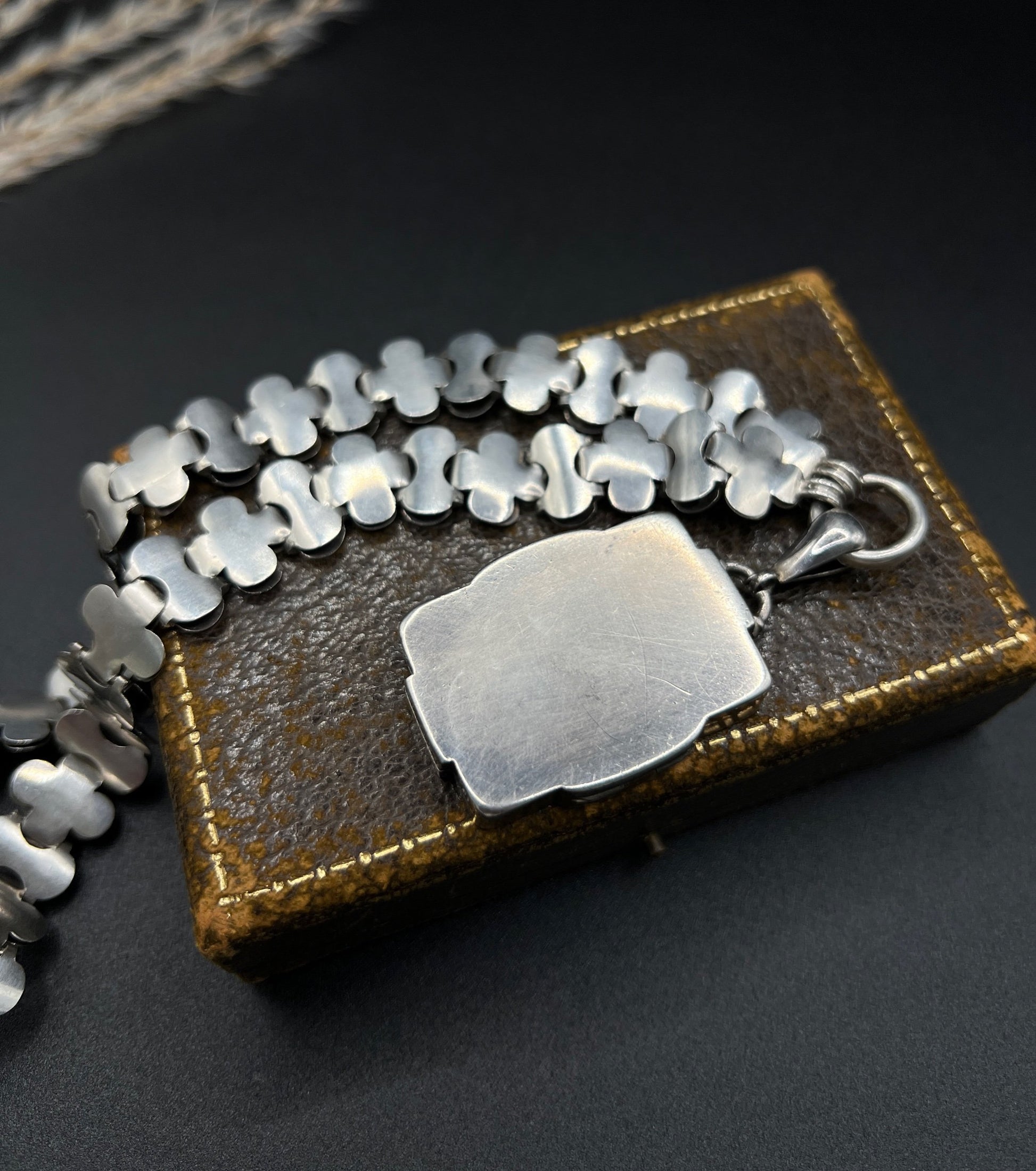 Victorian Sterling Silver Book Chain Necklace with Silver and Gold Inlaid Butterfly Locket