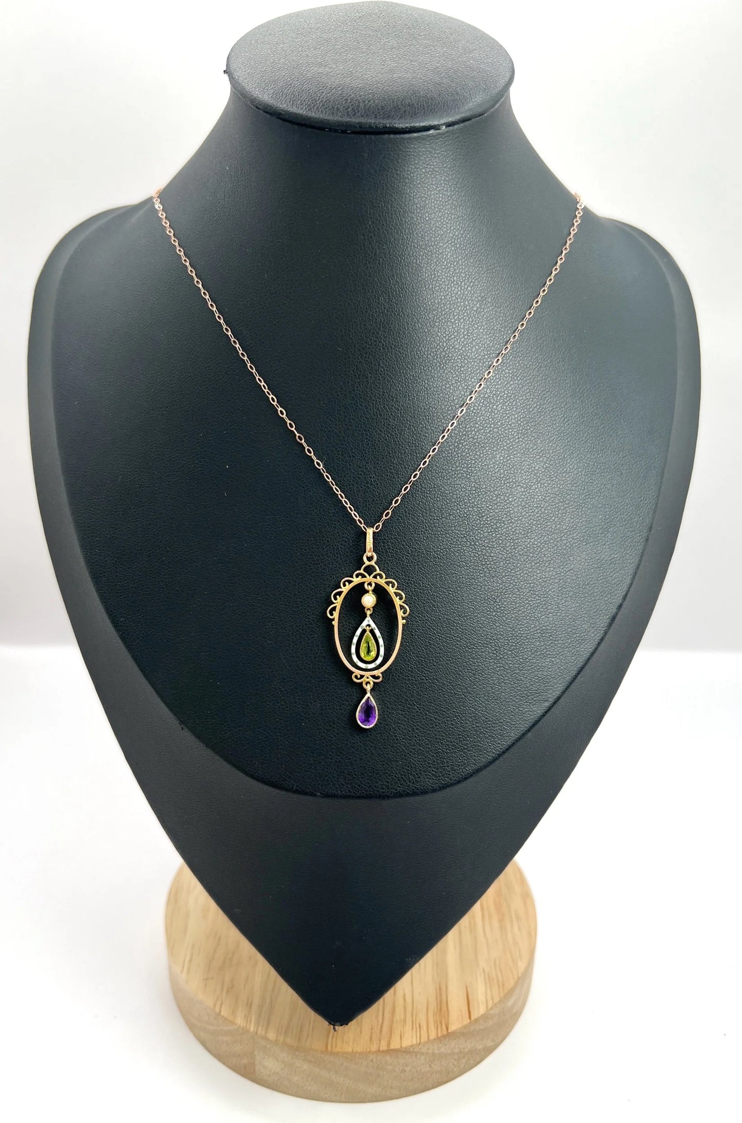 Antique 9 ct Gold, Edwardian Amethyst, Peridot, Seed Pearl And Enamel, Teardrop Suffragette Pendant Necklace