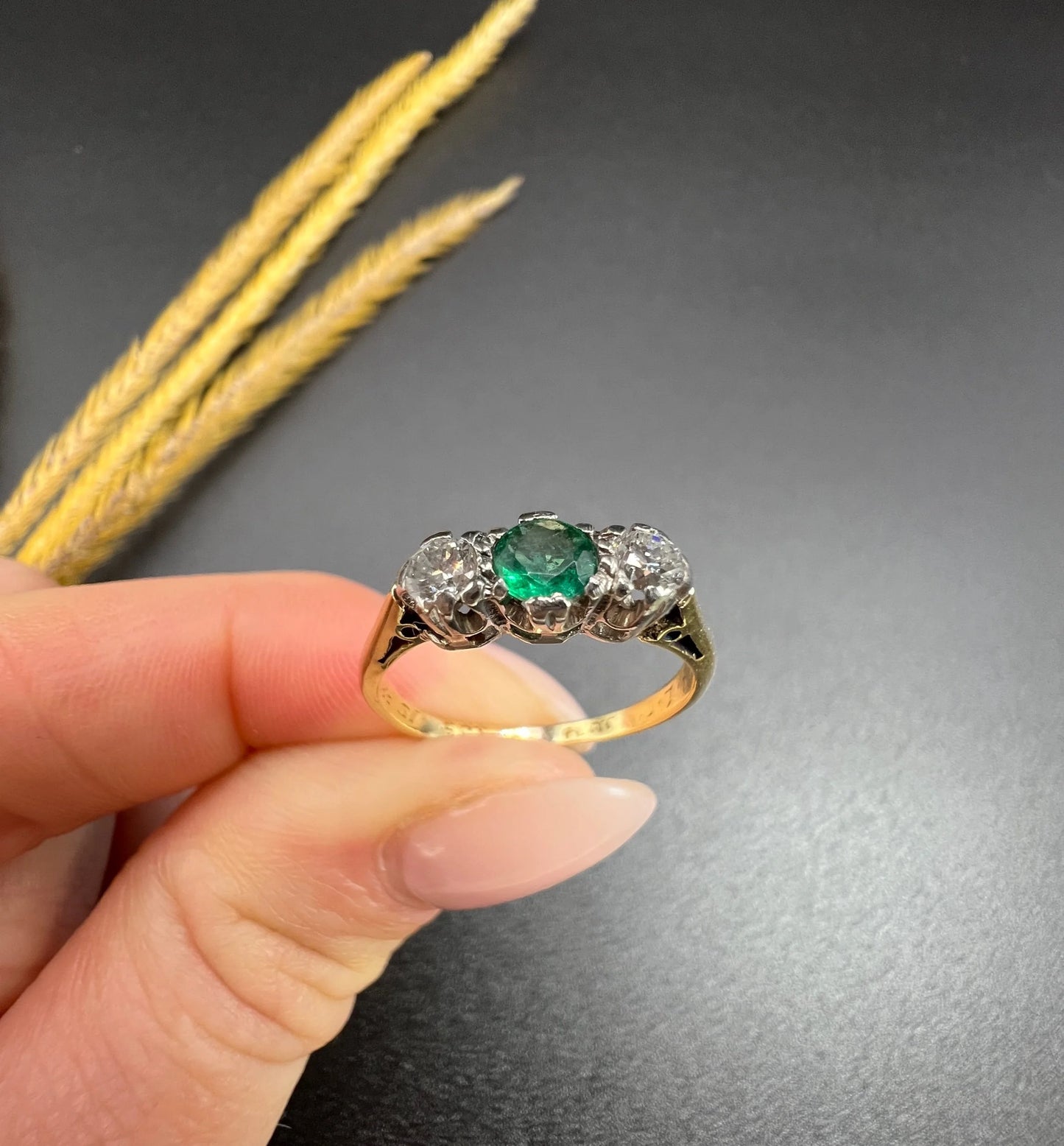 Vintage 18 ct Yellow Gold And Platinum 1950's 3 Stone Emerald And Diamond Trilogy Engagement Ring