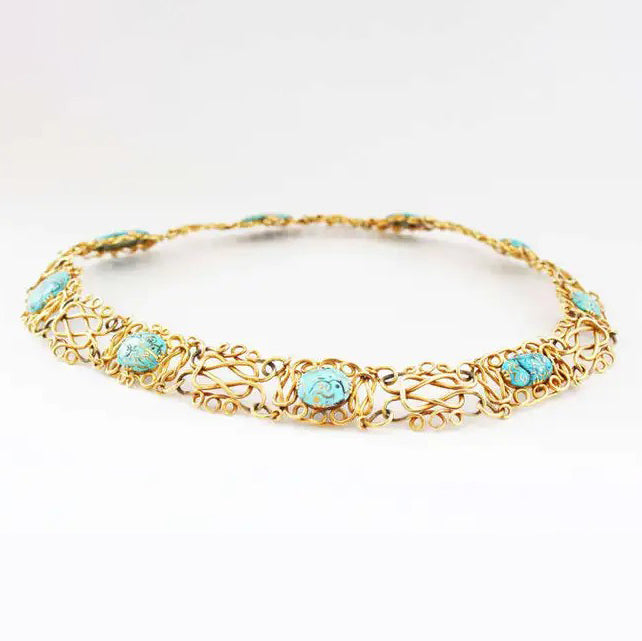 Antique Art Nouveau Iranian Turquoise and 14ct Yellow Gold Wire Choker Necklace