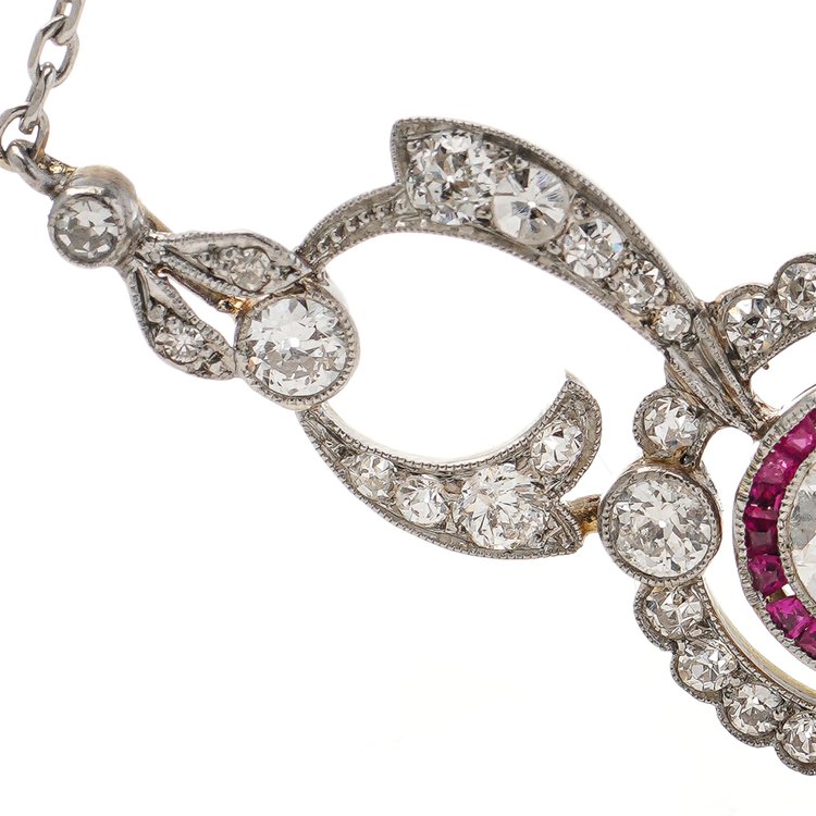 Antique Edwardian French 2.24ct Old Cut Diamond Necklace with Rubies