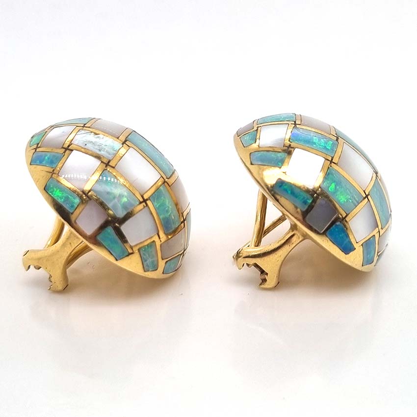 Tiffany and Co Opal and Mother of Pearl Set 18ct Yellow Gold Domed Disc Earrings with post and clip fittings