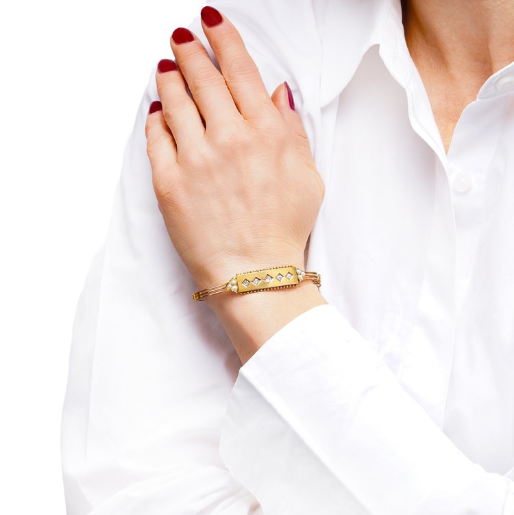Edwardian Antique 15ct Gold Bangle Bracelet with Natural Pearls and Old European Cut Diamonds