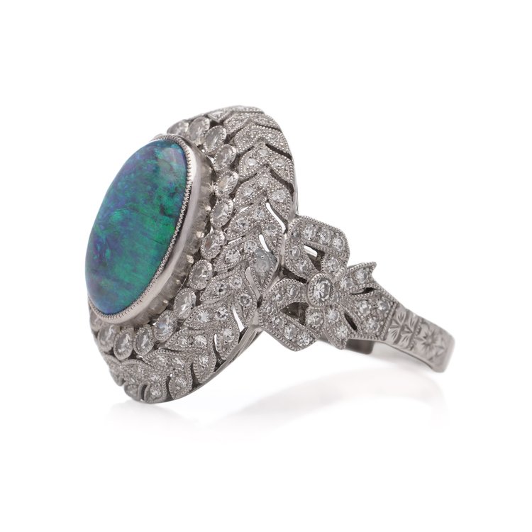 3.30ct Oval Cabochon Opal and Diamond Double Cluster Dress Ring in Platinum with Bow Shoulders