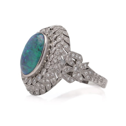 3.30ct Oval Cabochon Opal and Diamond Double Cluster Dress Ring in Platinum with Bow Shoulders