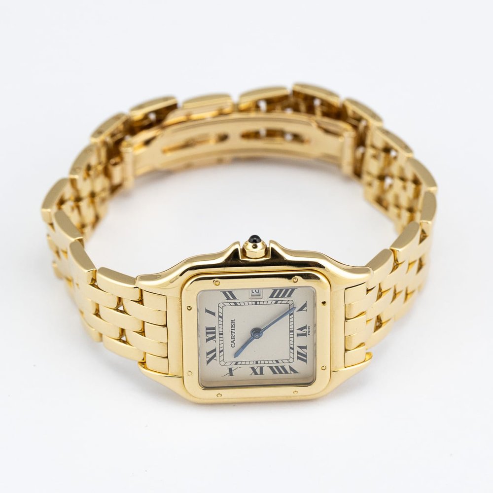 Vintage Cartier Panthere 1060 27mm 18ct Yellow Gold Watch with red suede Cartier pouch and Cartier service papers dated 2005, Circa 1990s