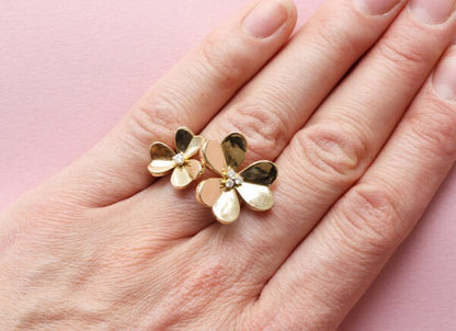 Van Cleef and Arpels 18ct Yellow Gold Frivole Flower Ring; comprising two diamond set flowers, Signed Van Cleef en Arpels, Numbered E271013
