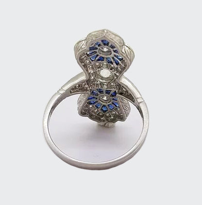 Art Deco Style Sapphire and Diamond Navette Panel Ring