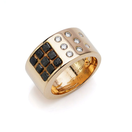 Vintage Cartier 18ct Yellow Gold Band Ring with White Brilliant and Black Rough Diamonds