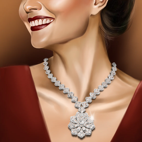 Statement Rose Cut Diamond Necklace with Cluster Pendant; encrusted with 18.86 carats rose-cut and round brilliant-cut diamonds in floral motifs, G/H colour and VS clarity, handmade and crafted in 18ct white gold