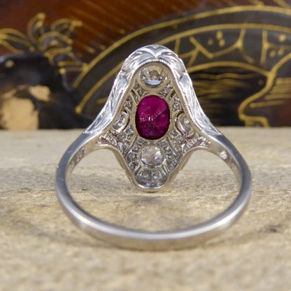 Art Deco Style Ruby and Diamond Navette Plaque Ring, 1.50cts, Platinum