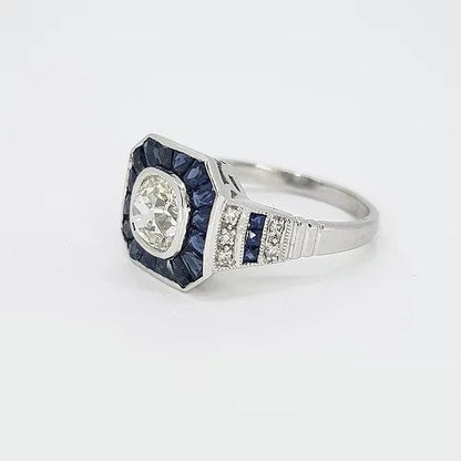 Art Deco Style Sapphire and Diamond Calibre Cluster Target Ring, 1.20 carats, in Platinum