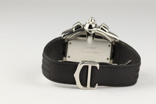 Cartier Roadster Chronograph XL Automatic Gents 40mm Stainless Steel, Ref 2618, white dial, Roman numerals, date indicator at 3, chronograph function with 3 registers, sapphire crystal, screwdown crown, Cartier black nylon and leather strap with deployant buckle