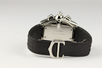 Cartier Roadster Chronograph XL Automatic Gents 40mm Stainless Steel, Ref 2618, white dial, Roman numerals, date indicator at 3, chronograph function with 3 registers, sapphire crystal, screwdown crown, Cartier black nylon and leather strap with deployant buckle