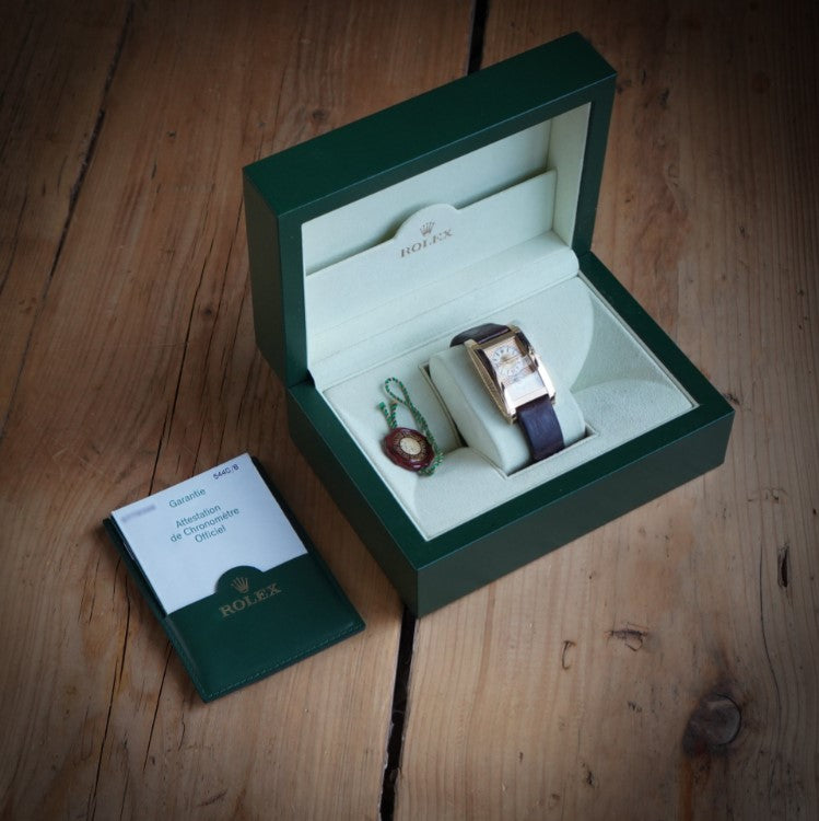 Vintage Rolex Cellini Prince 5440 Gold Watch with Champagne Dial and Exhibition case back with box