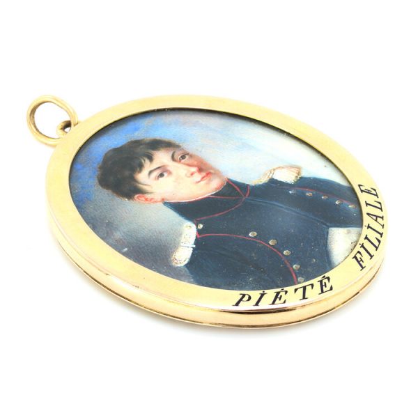 Antique French Portrait Miniature Pendant, with watercolour paintings on both sides, in 18ct yellow gold with enamel transcript, 19th century Circa 1890s