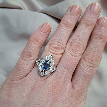 Art Deco Style 1.9ct Oval Sapphire and Diamond Navette Cluster Plaque Ring