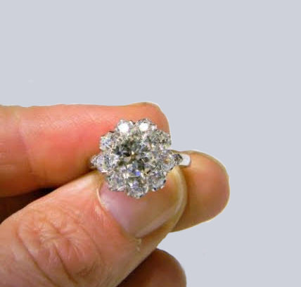3.5ct Old Cut Diamond Cluster Ring in Platinum, H colour VS2 clarity