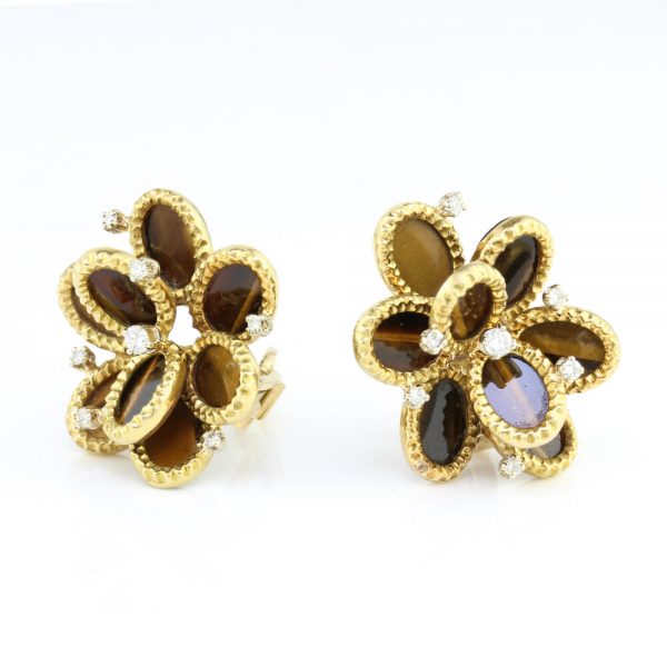 Vintage French Tigers Eye and Diamond Floral Cluster Clip On Earrings