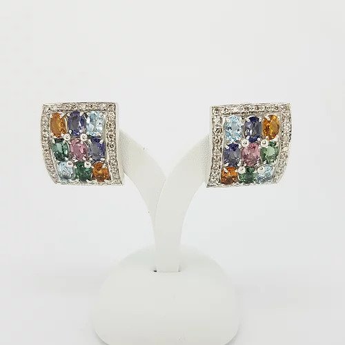 Multi Gemstone Tutti Frutti Diamond Earrings; featuring multi-coloured oval faceted gemstones set within a square border of brilliant-cut diamonds, in 18ct white gold
