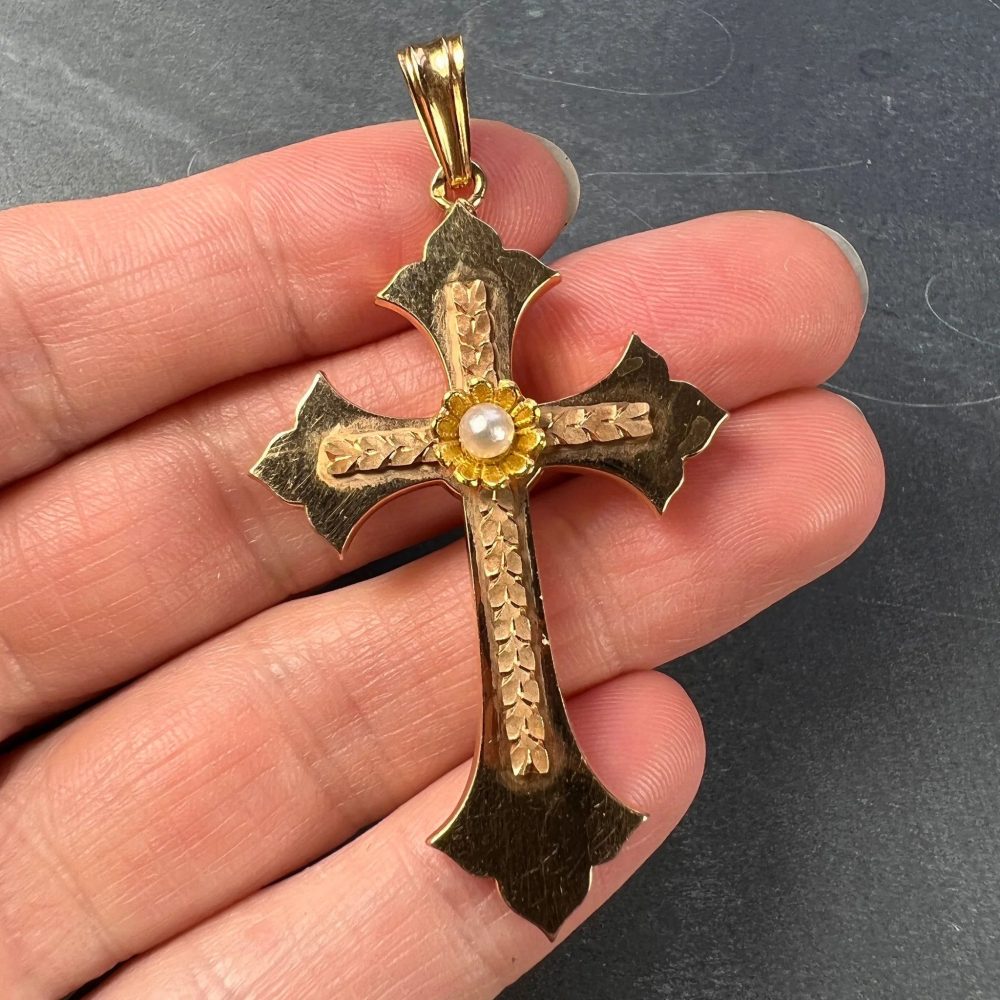 French 18ct Rose Gold Cross Pendant with Natural Pearl