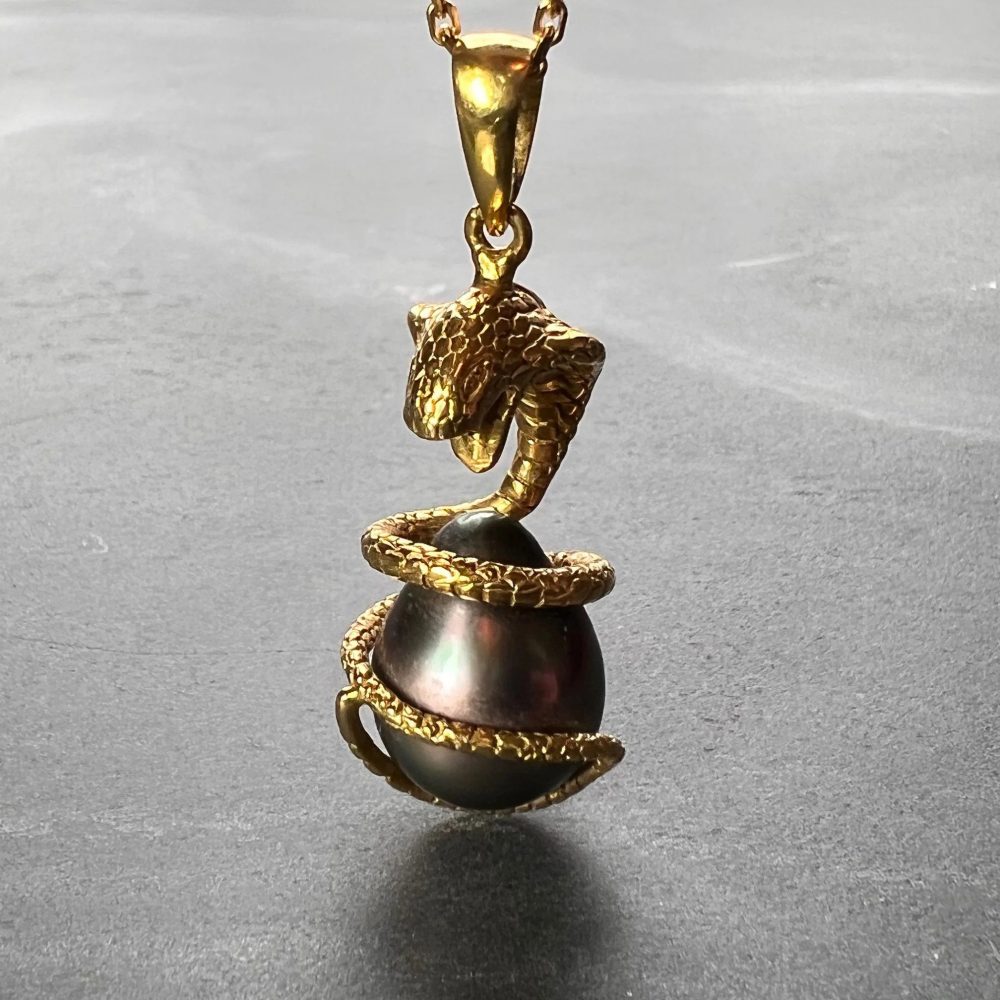 King Cobra Snake and Black Tahitian Pearl Pendant