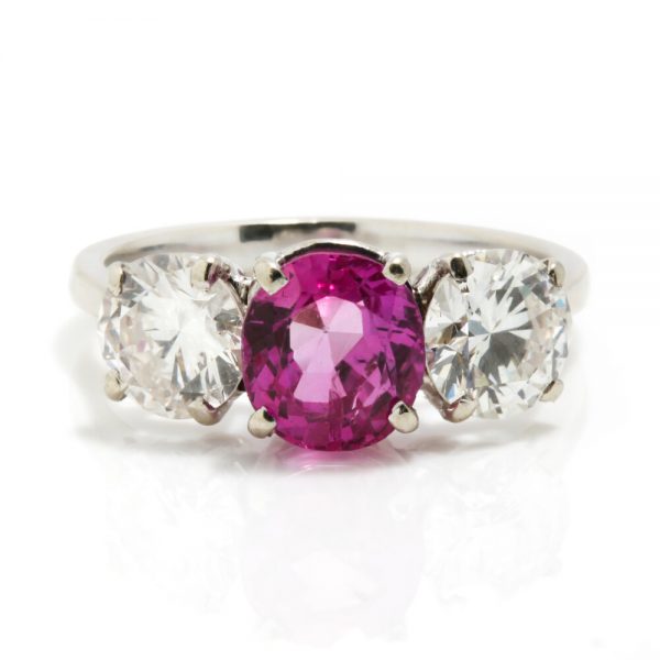 Natural Pink Sapphire and Diamond Three Stone Ring in Platinum