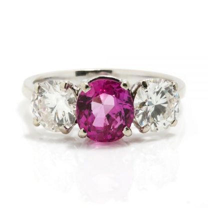 Natural Pink Sapphire and Diamond Three Stone Ring in Platinum